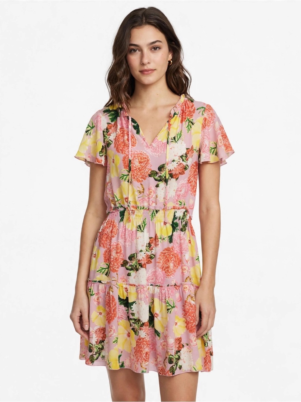 Belle + Sky Small Pink Floral Dress Flutter Sleeve Tiered Smocked Waist Boho
